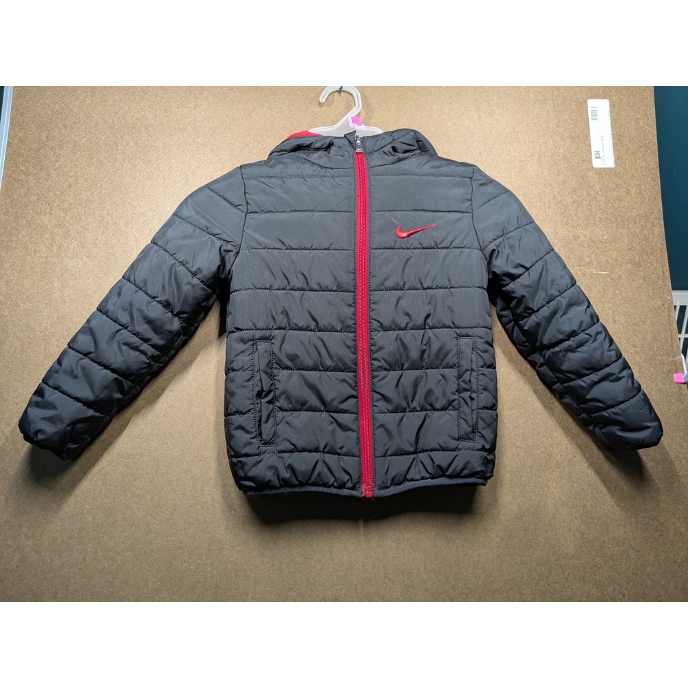 Nike Kids Puffer Jacket Black Red Hooded Full Zip Fleece Lined 4T 633731-023